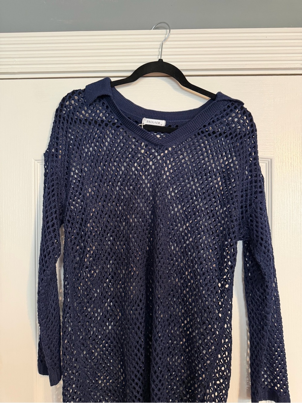 Eloquii Navy Open-Weave V-Neck Pullover